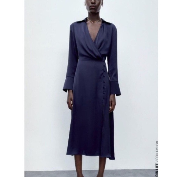 Zara Navy Satin Midi Faux Wrap Dress Button Slit Long Sleeve Navy Blue small - Picture 2 of 8